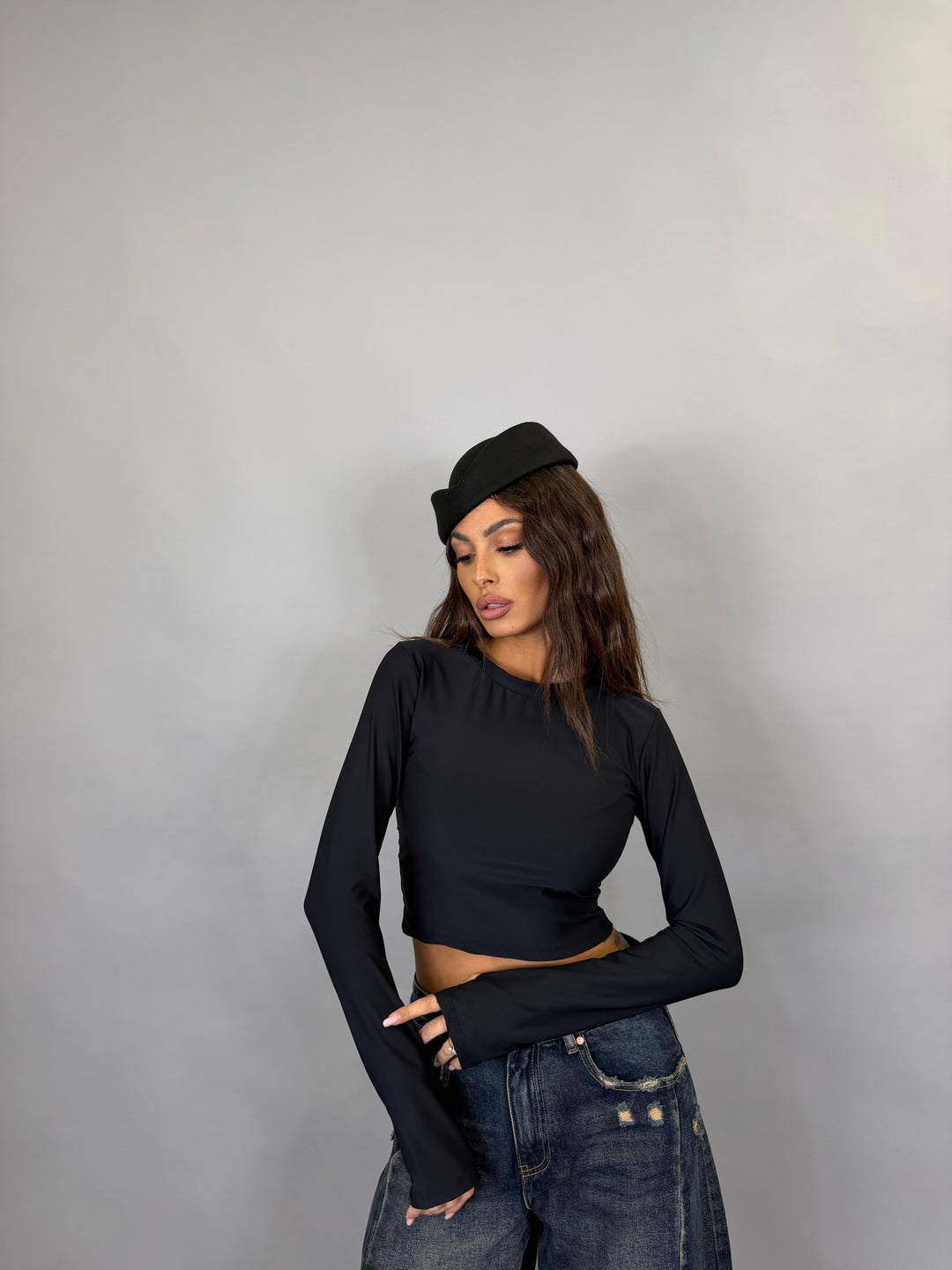 Maglia Crop Lycra Nera