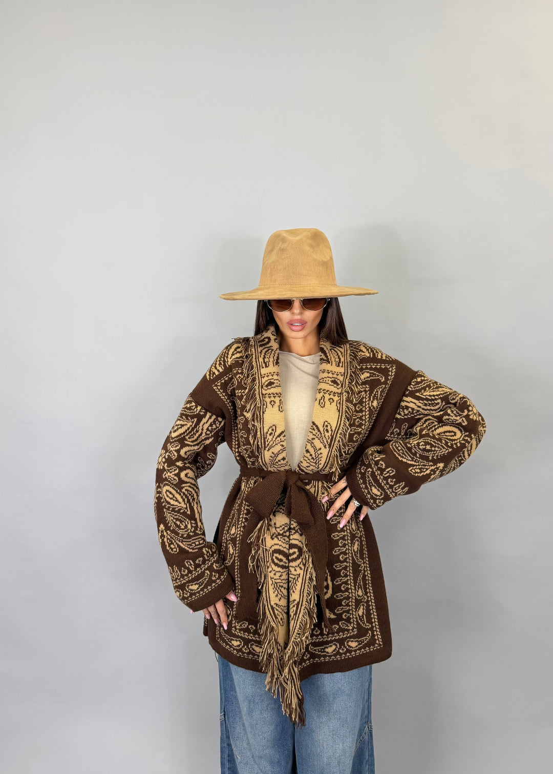 Cardigan Trame Marrone/Camel