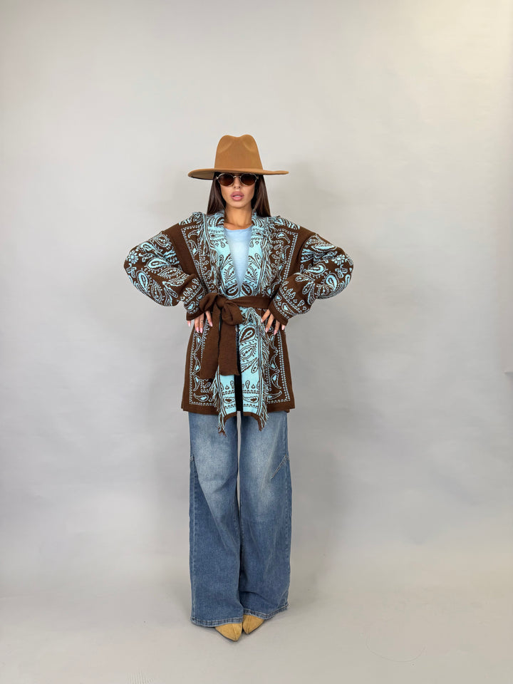 Cardigan Trame Marrone/Azzurro