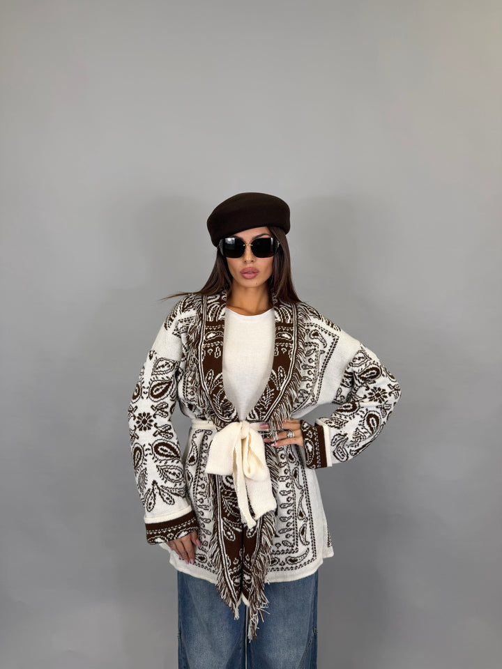 Cardigan Trame Bianco/Marrone